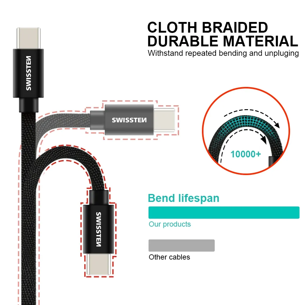 Swissten Data kabl Textile USB / USB-C 2m Black