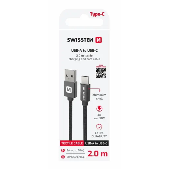 Swissten Data kabl Textile USB / USB-C 2m Black