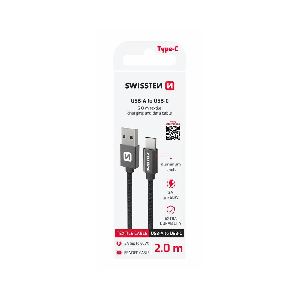 Swissten Data kabl Textile USB / USB-C 2m Black