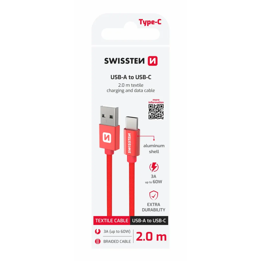 Swissten Data kabl Textile USB / USB-C 2m Red