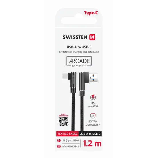 Swissten Kabl Arcade Gaming USB To Type-C 100W USB 1.2m - Black