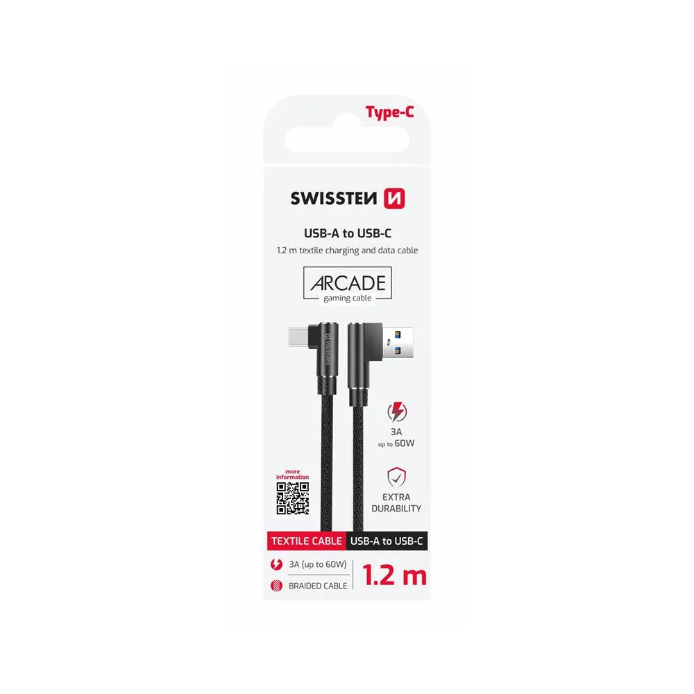 Swissten Kabl Arcade Gaming USB To Type-C 100W USB 1.2m - Black