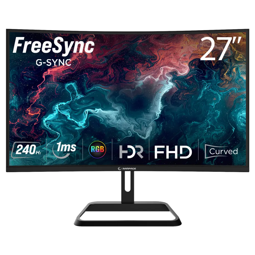 Rampage Monitor 27 XYRA XR27C240F, 1920×1080 (FHD), VA panel (Fast VA), 240Hz, 1 ms (MPRT), 3000:1, 300 cd/m², AMD FreeSync, HDM