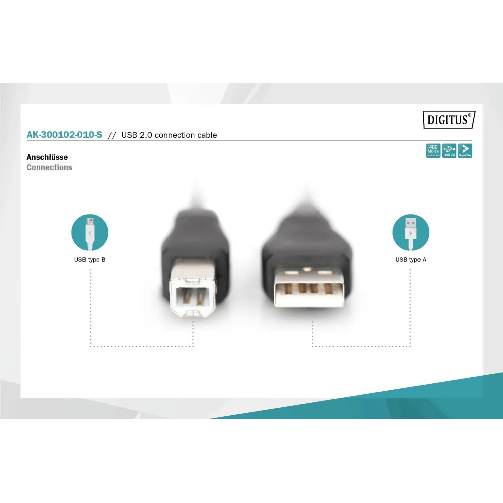 Digitus Kabl USB A - USB B M/M 1m USB 2.0 crni