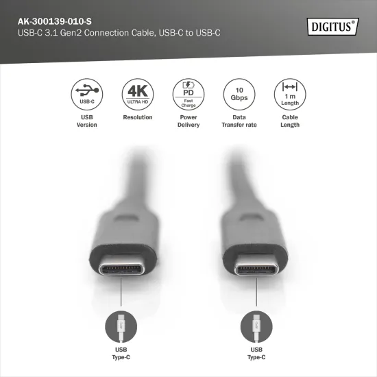 Digitus Kabl USB Type-C to Type-C, 20V/5A 100W, USB 3.2 10Gbps, 1m, crni