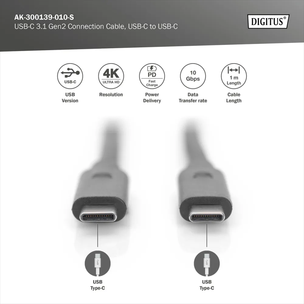 Digitus Kabl USB Type-C to Type-C, 20V/5A 100W, USB 3.2 10Gbps, 1m, crni