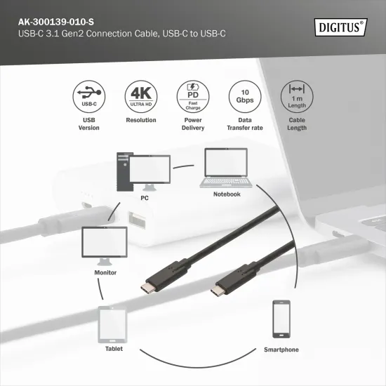 Digitus Kabl USB Type-C to Type-C, 20V/5A 100W, USB 3.2 10Gbps, 1m, crni