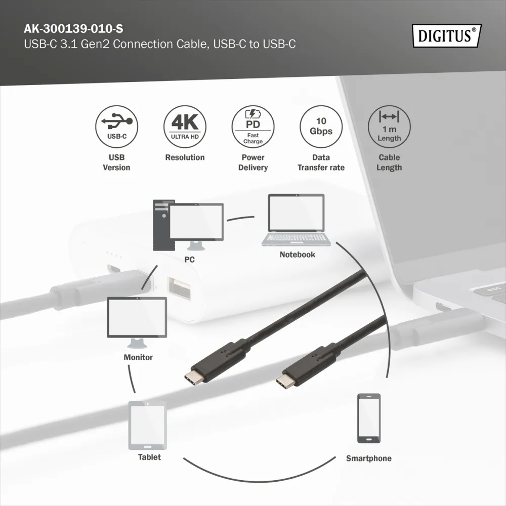 Digitus Kabl USB Type-C to Type-C, 20V/5A 100W, USB 3.2 10Gbps, 1m, crni