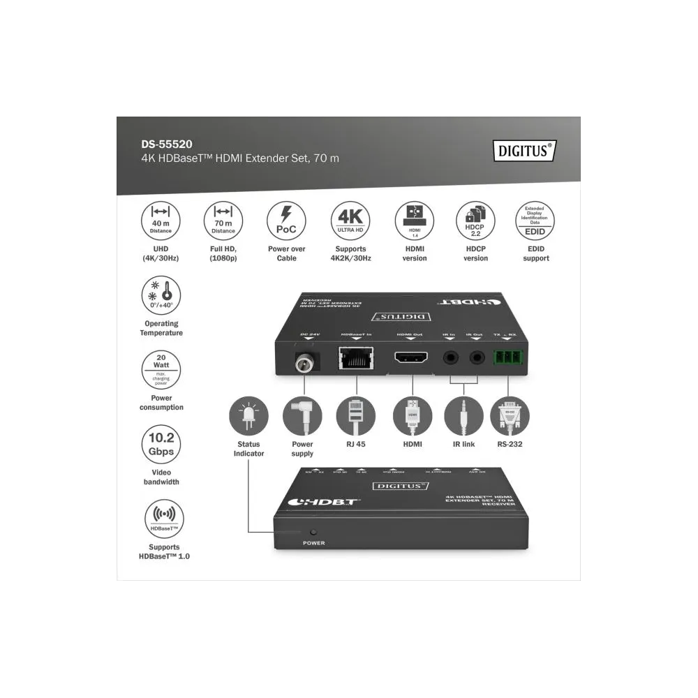 Digitus Extender Set HDMI CAT6 RJ45, 70m FHD, 40m 4K
