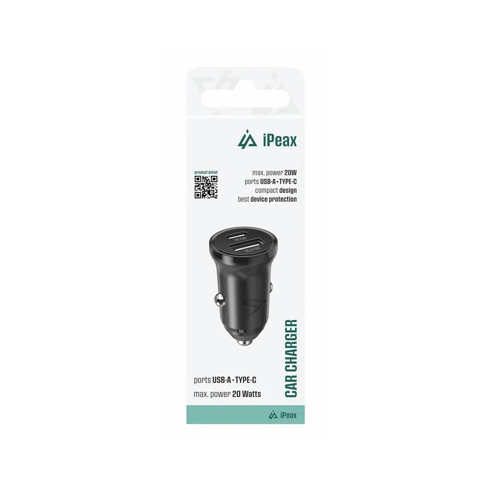 iPEAX Car Charger CL-03, PD, 20W, USB-C + USB-A BLACK