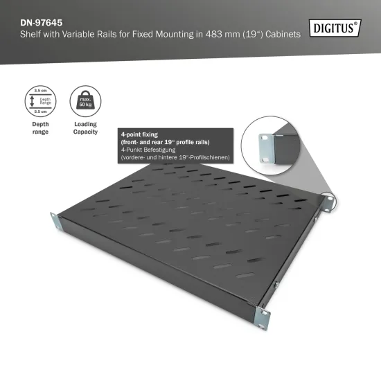 Digitus Polica fiksna 483 mm (19 ), do 50 kg, 44.5×482×350‑500 mm, crna
