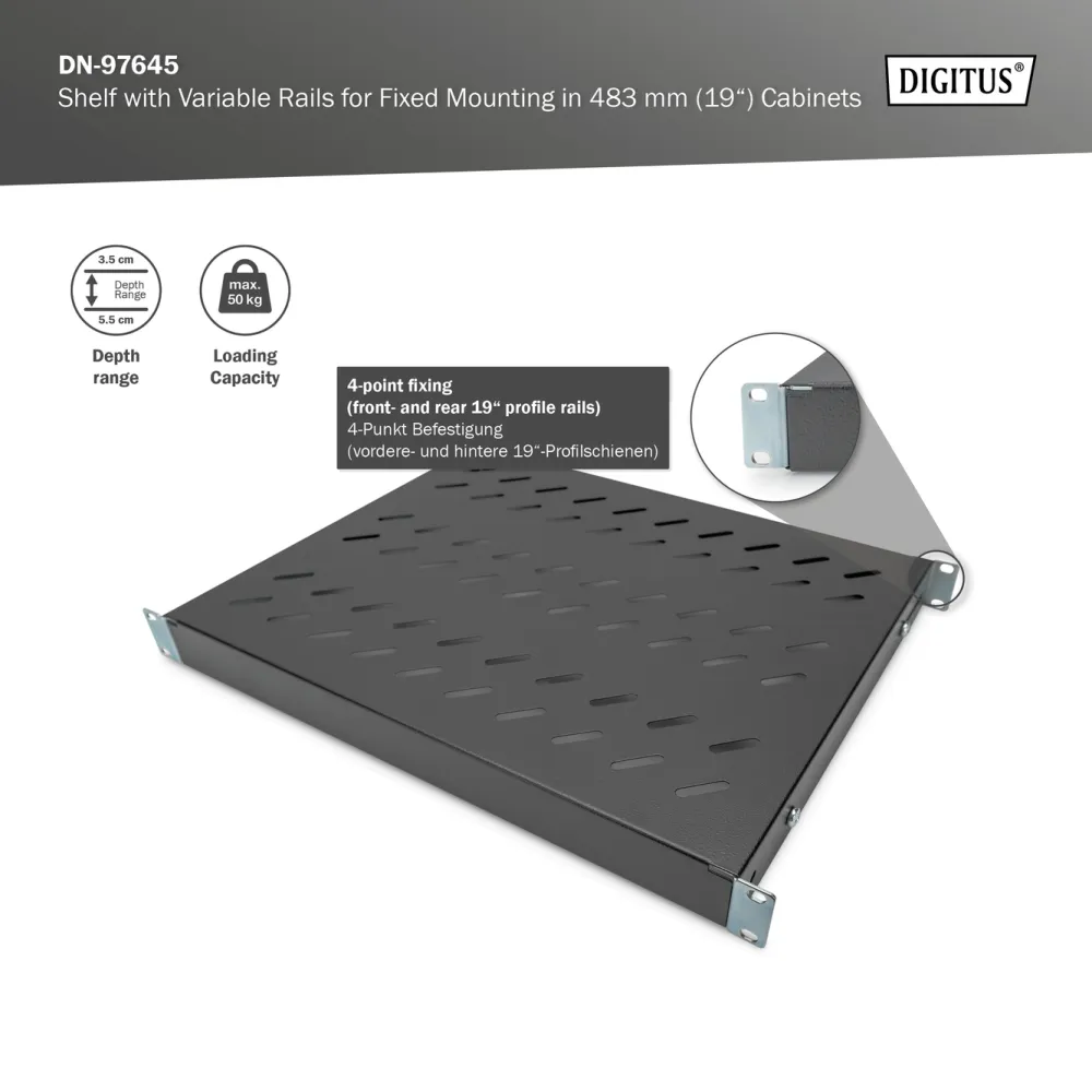 Digitus Polica fiksna 483 mm (19 ), do 50 kg, 44.5×482×350‑500 mm, crna