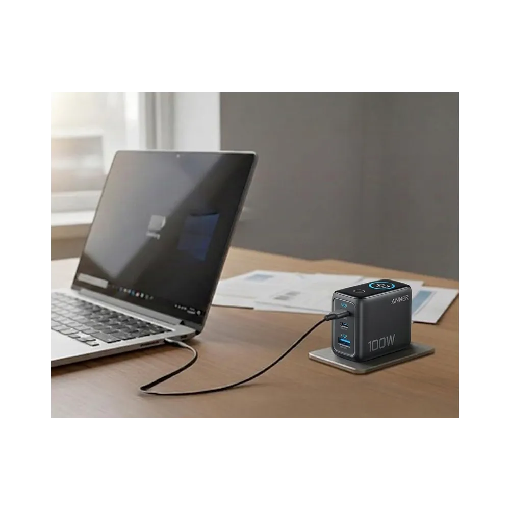 100W GaN zidni brzi punjač, 3-porta (2x USB-C i 1x USB-A) sa USB-C M/M pletenim kablom, tamno sivi