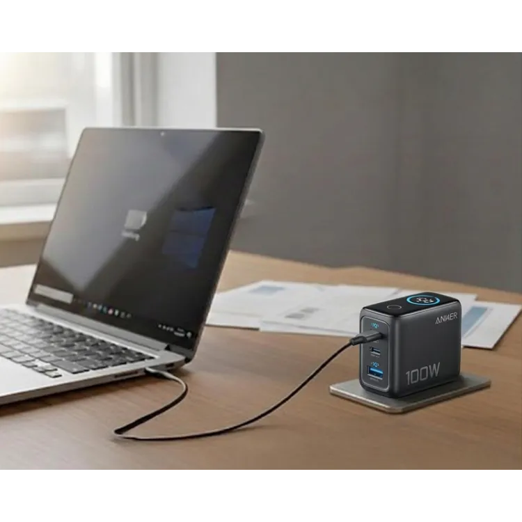 100W GaN zidni brzi punjač, 3-porta (2x USB-C i 1x USB-A) sa USB-C M/M pletenim kablom, tamno sivi