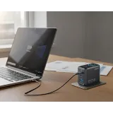 100W GaN zidni brzi punjač, 3-porta (2x USB-C i 1x USB-A) sa USB-C M/M pletenim kablom, tamno sivi