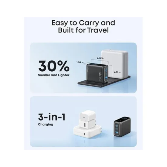 100W GaN zidni brzi punjač, 3-porta (2x USB-C i 1x USB-A) sa USB-C M/M pletenim kablom, tamno sivi