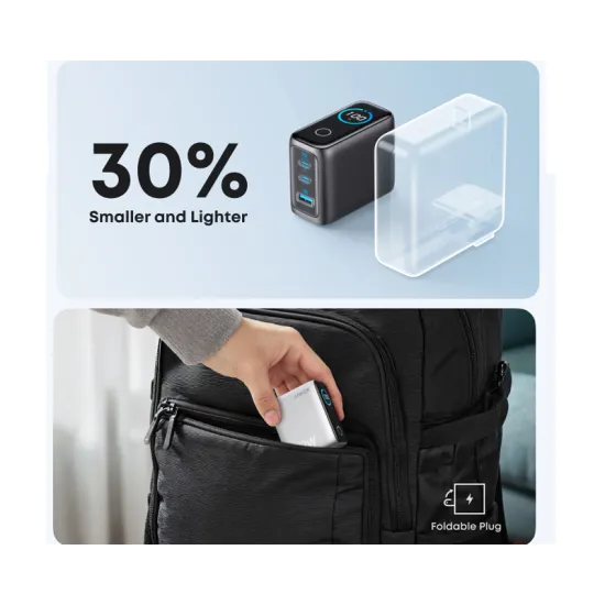 100W GaN zidni brzi punjač, 3-porta (2x USB-C i 1x USB-A) sa USB-C M/M pletenim kablom, tamno sivi