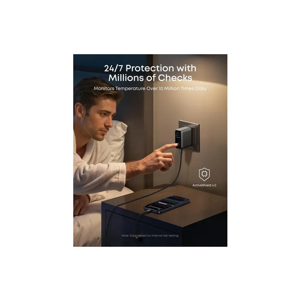 100W GaN zidni brzi punjač, 3-porta (2x USB-C i 1x USB-A) sa USB-C M/M pletenim kablom, tamno sivi