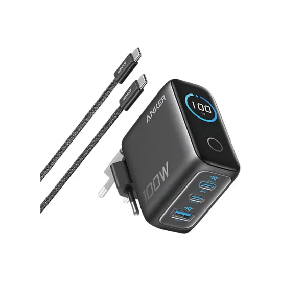 100W GaN zidni brzi punjač, 3-porta (2x USB-C i 1x USB-A) sa USB-C M/M pletenim kablom, tamno sivi