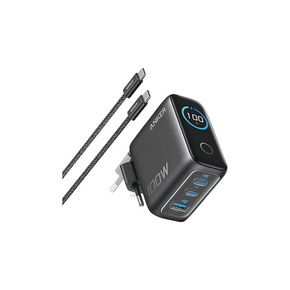 100W GaN zidni brzi punjač, 3-porta (2x USB-C i 1x USB-A) sa USB-C M/M pletenim kablom, tamno sivi