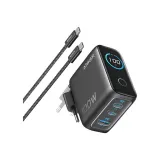 100W GaN zidni brzi punjač, 3-porta (2x USB-C i 1x USB-A) sa USB-C M/M pletenim kablom, tamno sivi
