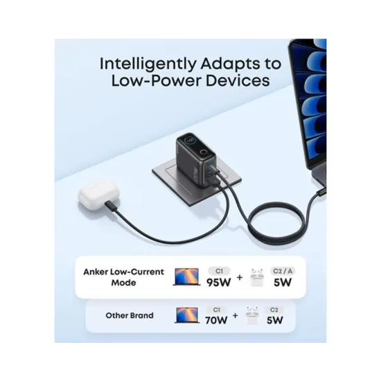 100W GaN zidni brzi punjač, 3-porta (2x USB-C i 1x USB-A) sa USB-C M/M pletenim kablom, tamno sivi