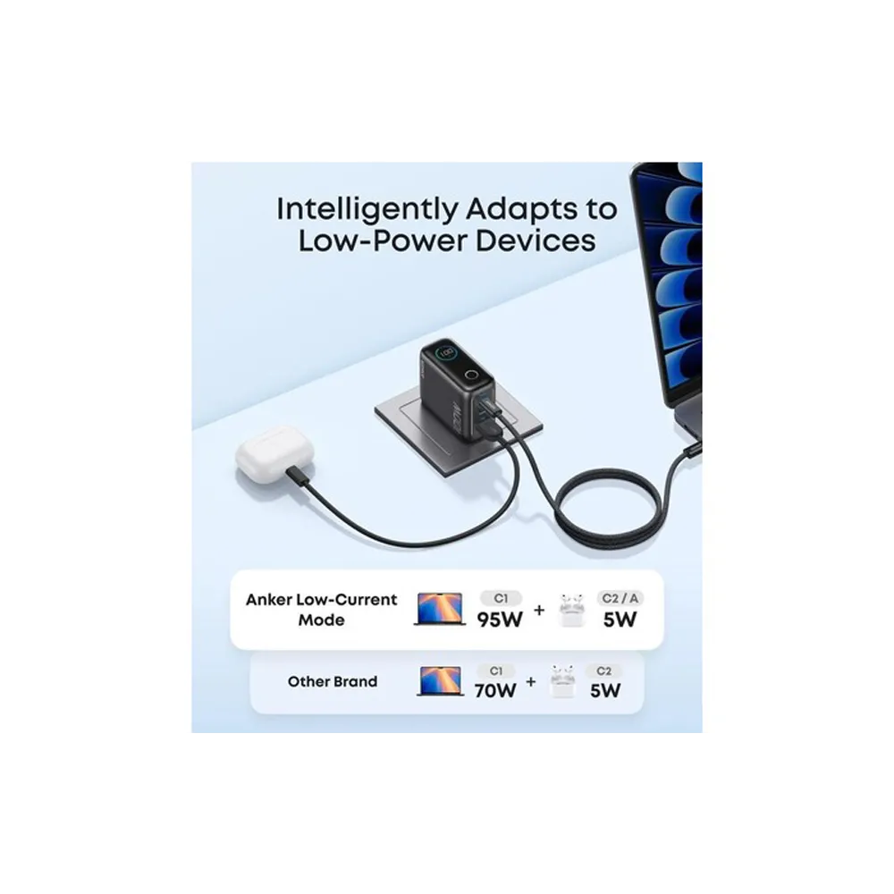 100W GaN zidni brzi punjač, 3-porta (2x USB-C i 1x USB-A) sa USB-C M/M pletenim kablom, tamno sivi