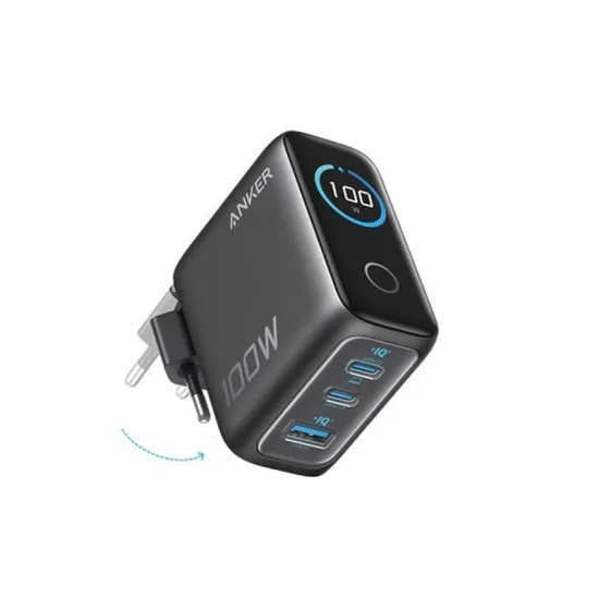 100W GaN zidni brzi punjač, 3-porta (2x USB-C i 1x USB-A) sa USB-C M/M pletenim kablom, tamno sivi