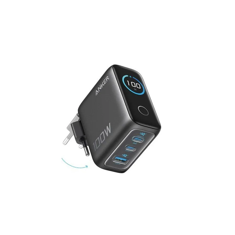 100W GaN zidni brzi punjač, 3-porta (2x USB-C i 1x USB-A) sa USB-C M/M pletenim kablom, tamno sivi