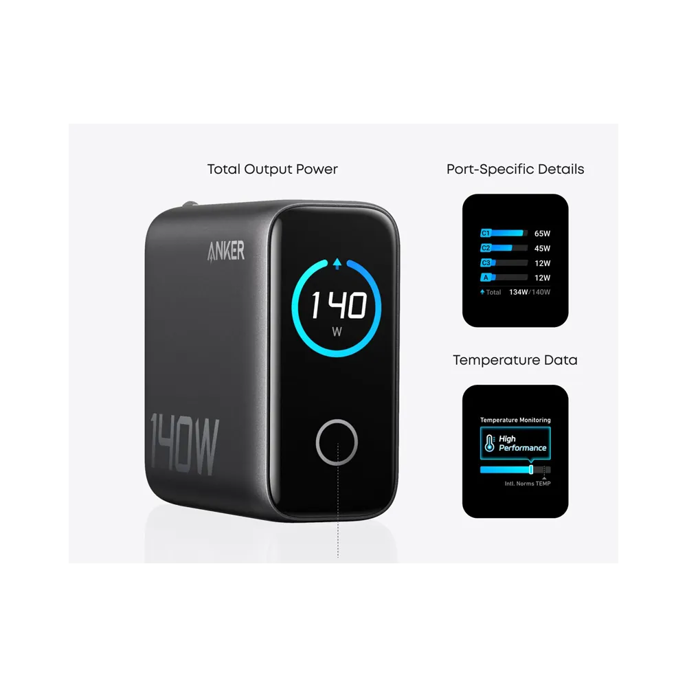 140W GaN zidni brzi punjač, 4-porta (3x USB-C, 1x USB-A) sa USB-C M/M pletenim kablom, tamno sivi