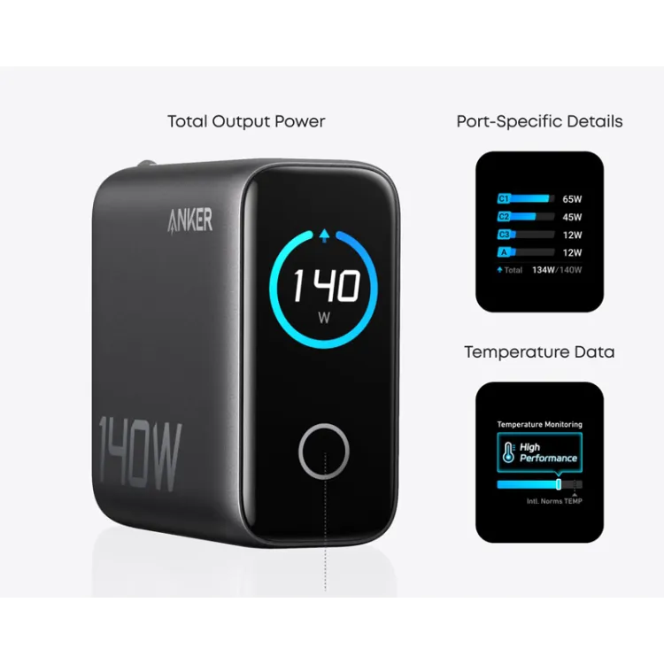 140W GaN zidni brzi punjač, 4-porta (3x USB-C, 1x USB-A) sa USB-C M/M pletenim kablom, tamno sivi