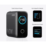 140W GaN zidni brzi punjač, 4-porta (3x USB-C, 1x USB-A) sa USB-C M/M pletenim kablom, tamno sivi
