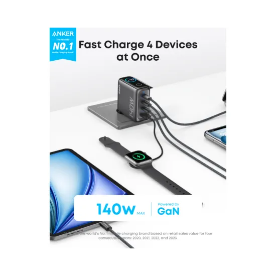 140W GaN zidni brzi punjač, 4-porta (3x USB-C, 1x USB-A) sa USB-C M/M pletenim kablom, tamno sivi