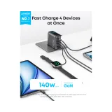 140W GaN zidni brzi punjač, 4-porta (3x USB-C, 1x USB-A) sa USB-C M/M pletenim kablom, tamno sivi