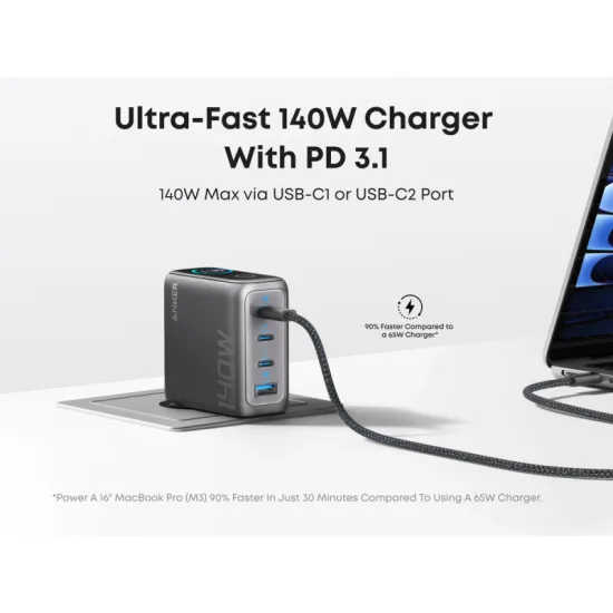 140W GaN zidni brzi punjač, 4-porta (3x USB-C, 1x USB-A) sa USB-C M/M pletenim kablom, tamno sivi