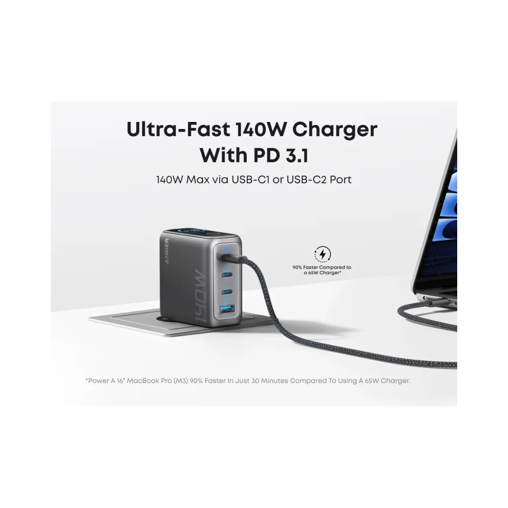 140W GaN zidni brzi punjač, 4-porta (3x USB-C, 1x USB-A) sa USB-C M/M pletenim kablom, tamno sivi