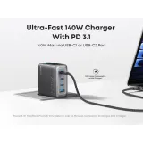 140W GaN zidni brzi punjač, 4-porta (3x USB-C, 1x USB-A) sa USB-C M/M pletenim kablom, tamno sivi