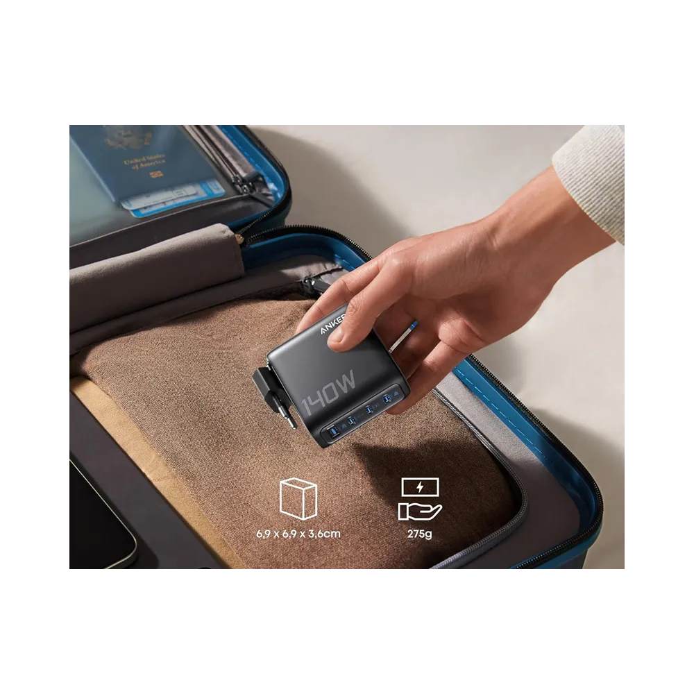 140W GaN zidni brzi punjač, 4-porta (3x USB-C, 1x USB-A) sa USB-C M/M pletenim kablom, tamno sivi
