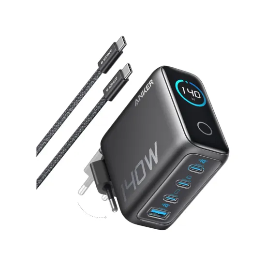 140W GaN zidni brzi punjač, 4-porta (3x USB-C, 1x USB-A) sa USB-C M/M pletenim kablom, tamno sivi