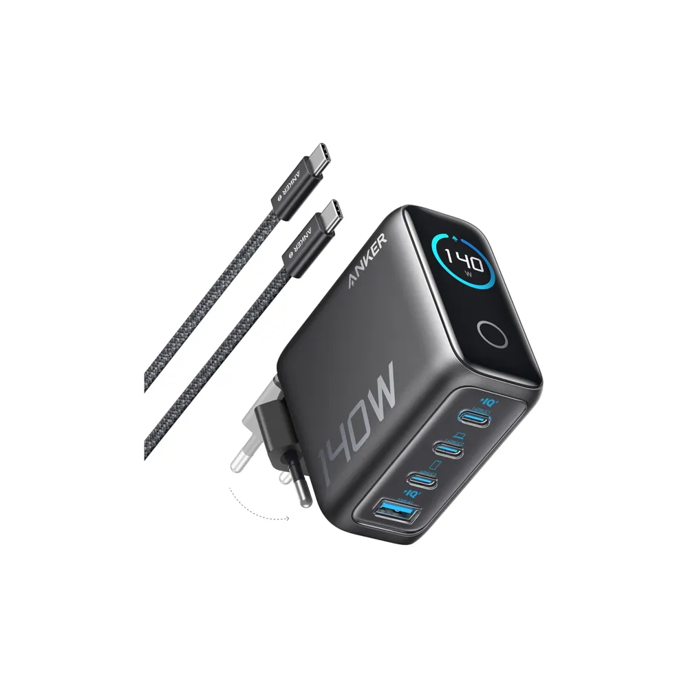 140W GaN zidni brzi punjač, 4-porta (3x USB-C, 1x USB-A) sa USB-C M/M pletenim kablom, tamno sivi