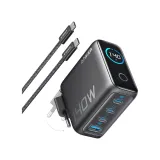 140W GaN zidni brzi punjač, 4-porta (3x USB-C, 1x USB-A) sa USB-C M/M pletenim kablom, tamno sivi