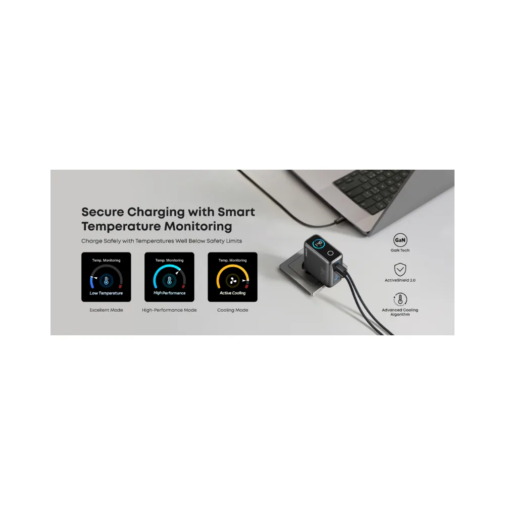 140W GaN zidni brzi punjač, 4-porta (3x USB-C, 1x USB-A) sa USB-C M/M pletenim kablom, tamno sivi