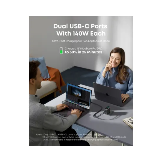140W GaN zidni brzi punjač, 4-porta (3x USB-C, 1x USB-A) sa USB-C M/M pletenim kablom, tamno sivi