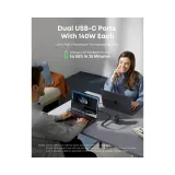 140W GaN zidni brzi punjač, 4-porta (3x USB-C, 1x USB-A) sa USB-C M/M pletenim kablom, tamno sivi