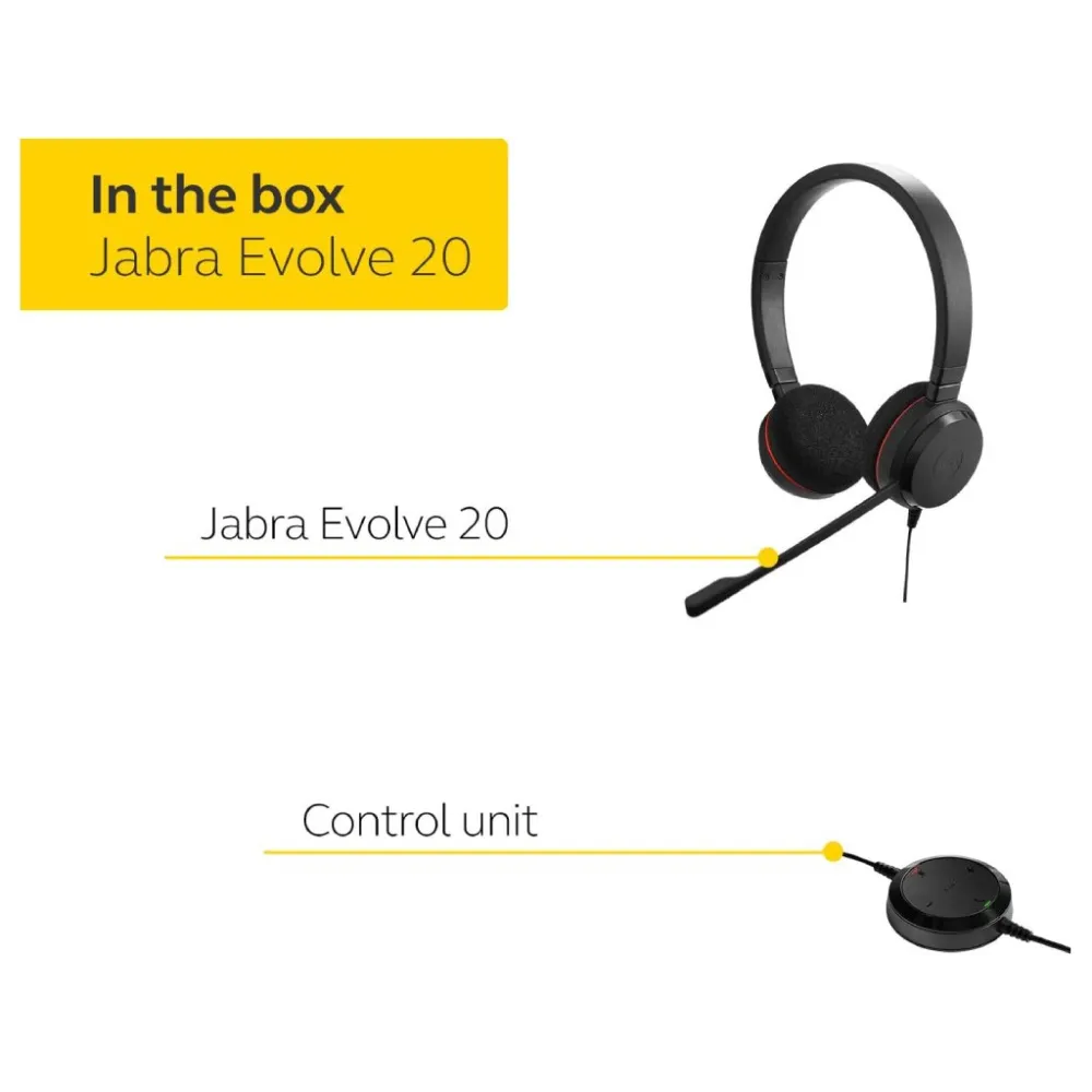 JABRA Evolve 20 MS Stereo Professional USB Headset, Noise-cancelling microphone