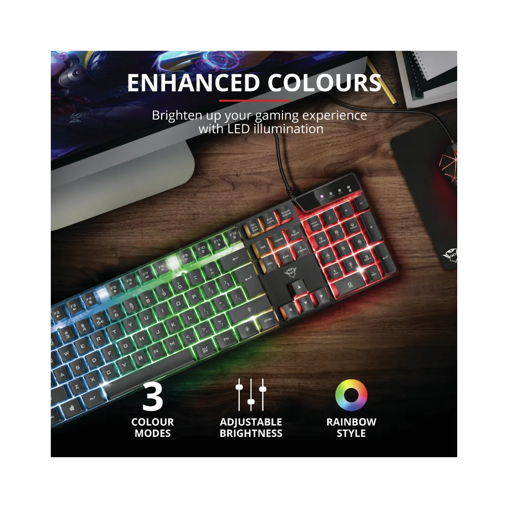 TRUST GXT 835 Azor Illuminated Gaming Keyboard, 3 combined LED color modes, 12 function keys