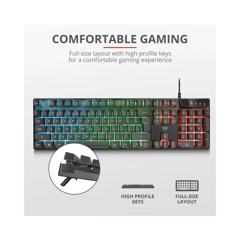 TRUST GXT 835 Azor Illuminated Gaming Keyboard, 3 combined LED color modes, 12 function keys