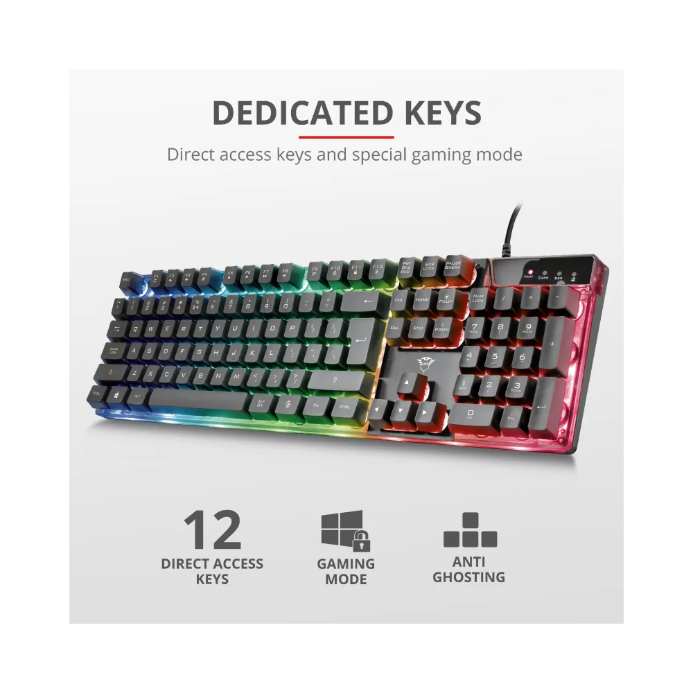 TRUST GXT 835 Azor Illuminated Gaming Keyboard, 3 combined LED color modes, 12 function keys