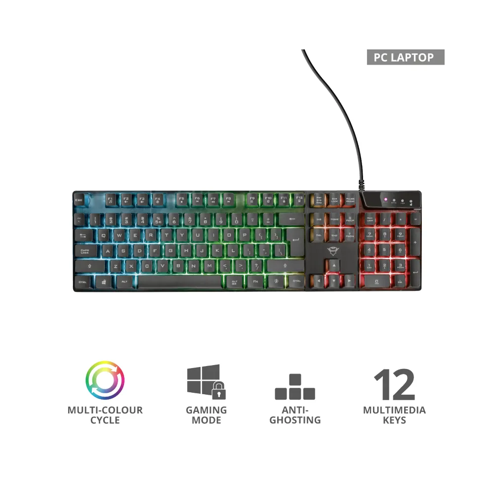 TRUST GXT 835 Azor Illuminated Gaming Keyboard, 3 combined LED color modes, 12 function keys