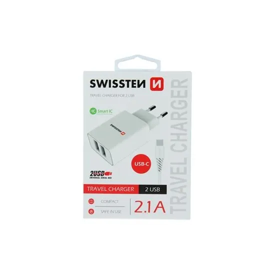 Swissten Travel charger 2x USB 2, 1A power + data cable USB / type C 1.2m White